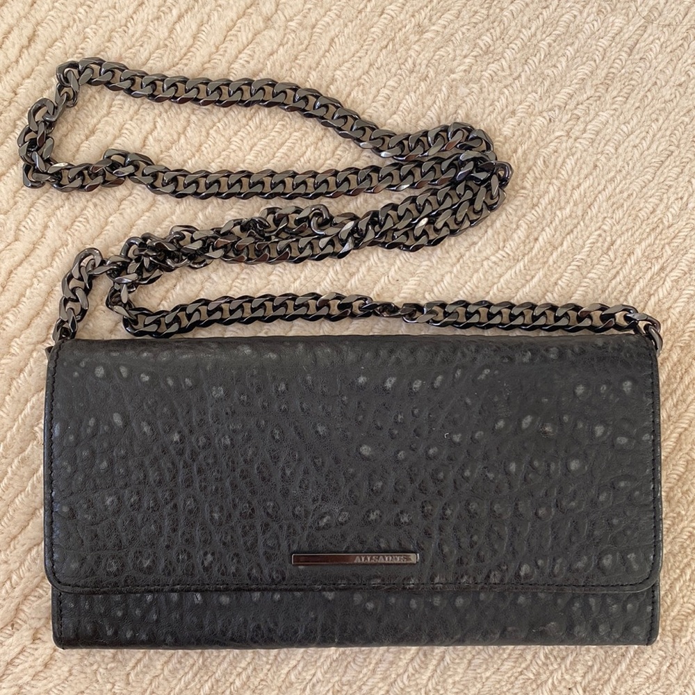 ALL SAINTS Black Leather Wallet on a Chain